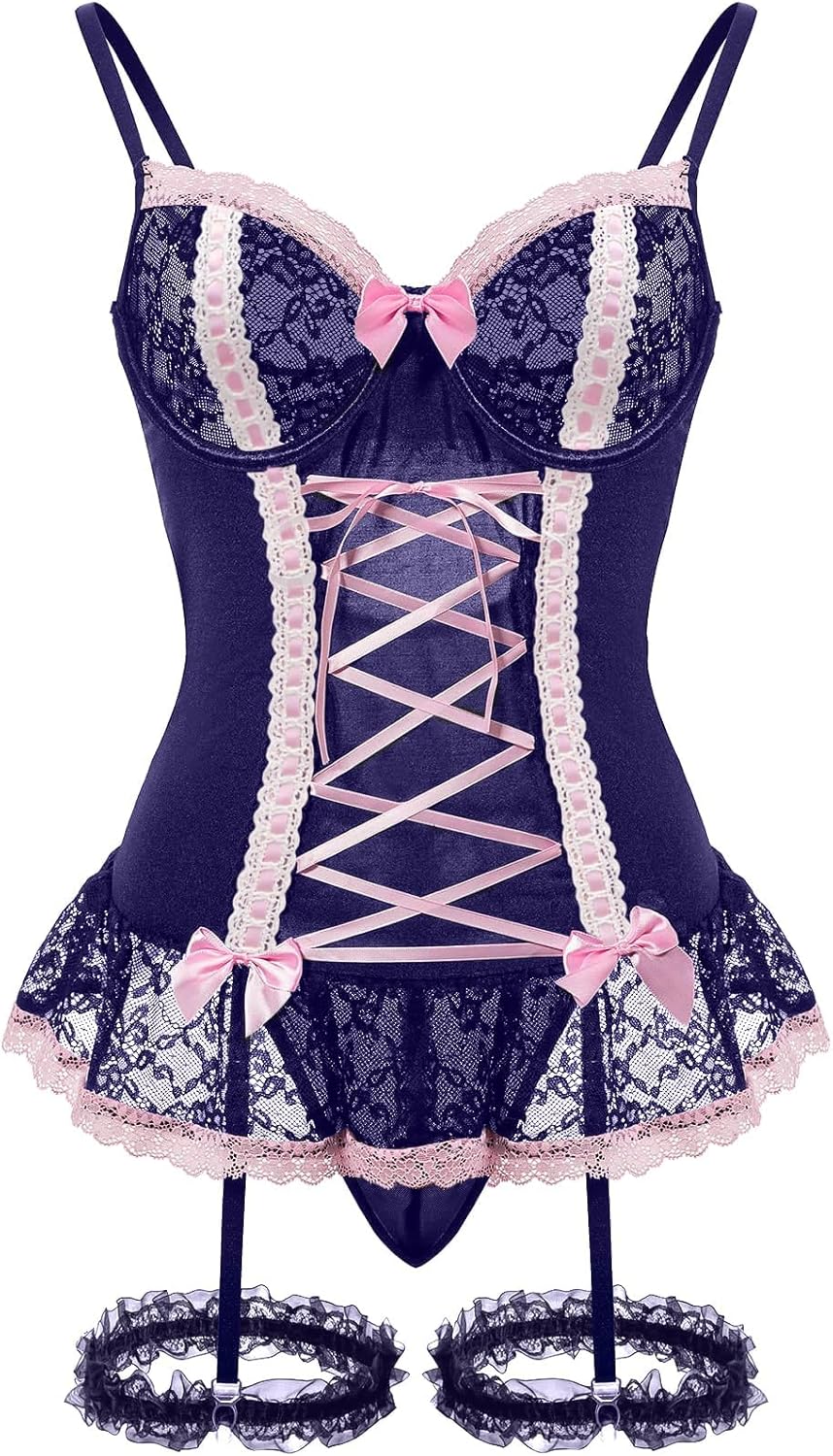 Sexy Mesh Corset Ruffle Lace Up Underwire Sheer Garter Belt Babydoll Lingerie Set With Thong 3 Piece Women