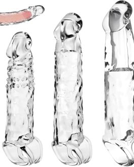 Clear Penis Sleeve Pennis Extender Kit, 3 Sizes Cock Sleeve Cock Ring Penis Extender Penis Extension for G spot Stimulation, Realistic Penisen Extender Sleeve Penis Sheath Dick Extender Male Sex Toys