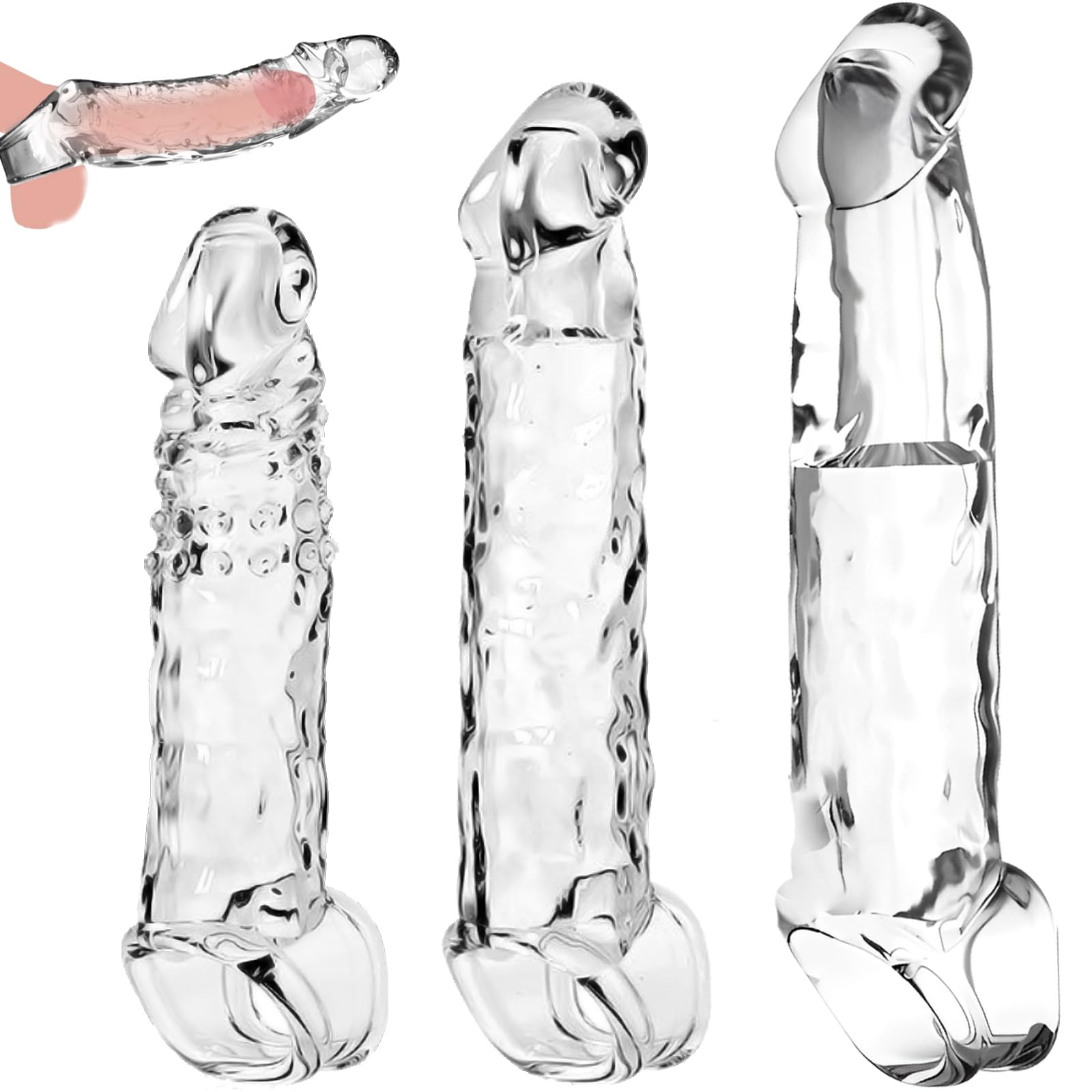 Clear Penis Sleeve Pennis Extender Kit, 3 Sizes Cock Sleeve Cock Ring Penis Extender Penis Extension for G spot Stimulation, Realistic Penisen Extender Sleeve Penis Sheath Dick Extender Male Sex Toys