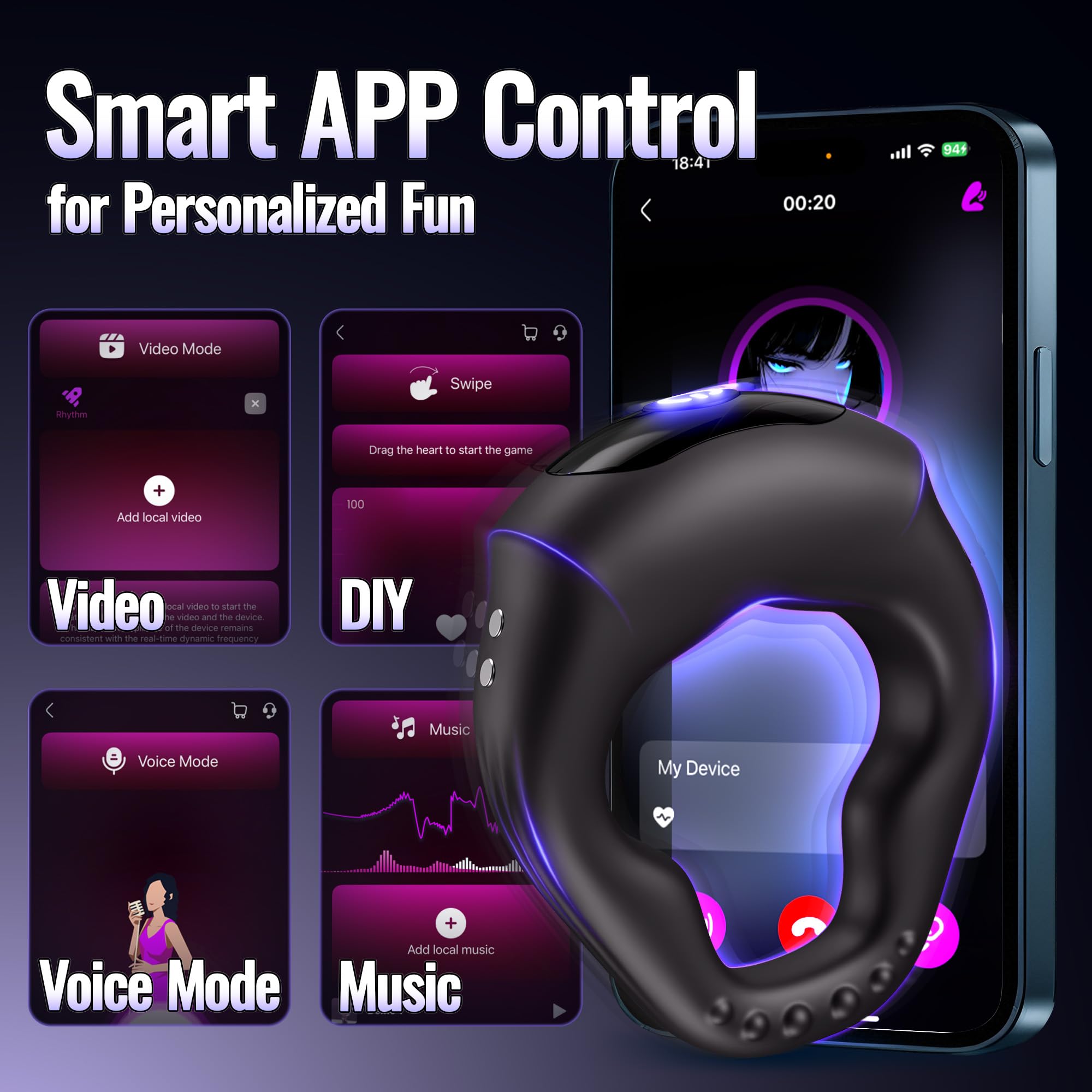 Vibrating Cock Ring Ergonomic Contour, 10 Vibrations Sex Toys for Men Silicone Penis Ring Secure Wrap-Around Design for Male Erection, APP Control Male Sex Toy for Adult Couples Pleasure Chastity Cage