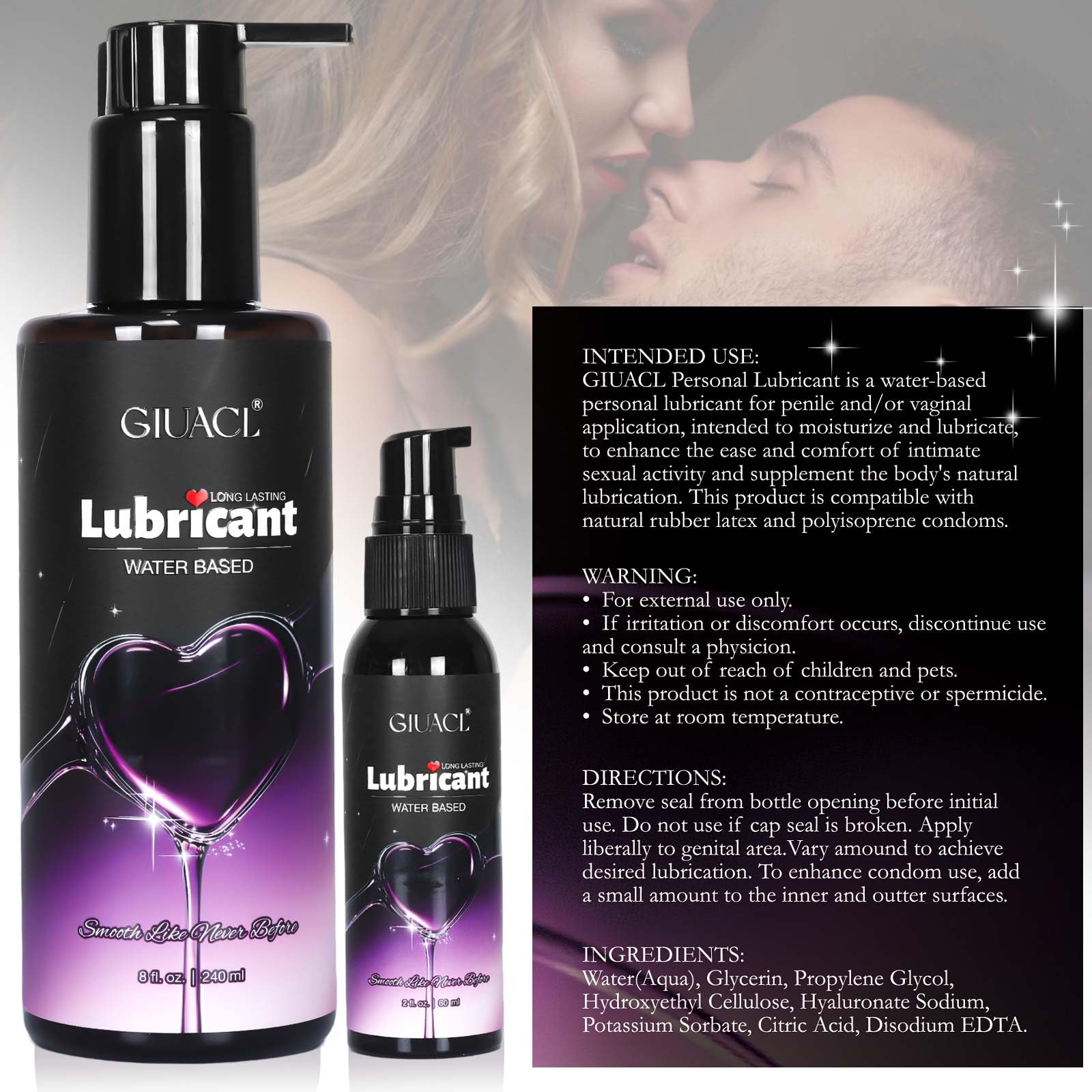 GIUACL Water Based Lube Set, 8+2oz Lubricants for Privacy and Toys, Natural Long Lasting Lube Gel for Men, Women & Couples, Non-Staining, pH Friendly (Home+Travel Size)