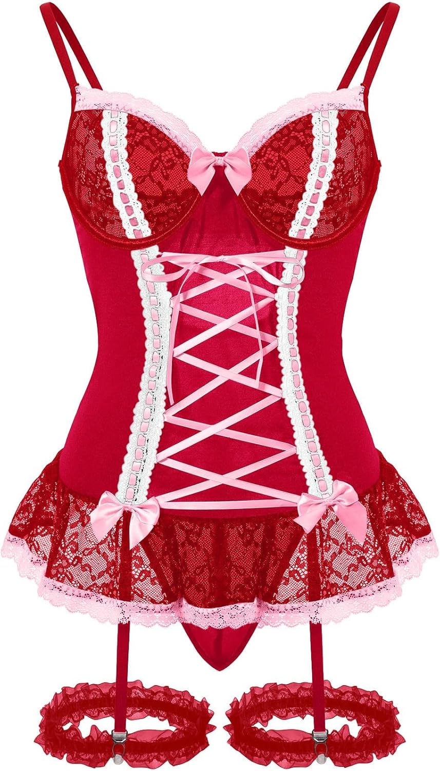 Sexy Mesh Corset Ruffle Lace Up Underwire Sheer Garter Belt Babydoll Lingerie Set With Thong 3 Piece Women