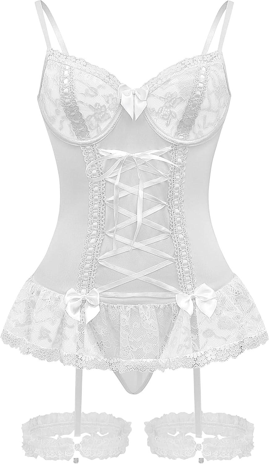 Sexy Mesh Corset Ruffle Lace Up Underwire Sheer Garter Belt Babydoll Lingerie Set With Thong 3 Piece Women