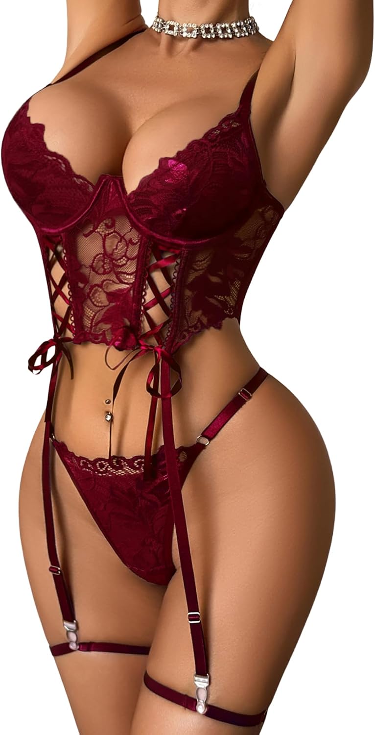 Avidlove Women's Lingerie 4 Piece Garter Lingerie Floral Lace Bra and Panty Sets with Underwire S-XXL