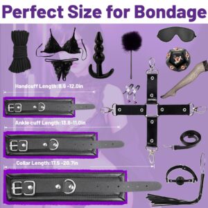 15 PCS Sex Bondage BDSM Kits Restraints, Fetish Handcuffs Ankle Cuff Collar Blindfold Whip Rope Nipple Clamps Paddle Anal Toys Ball Gag Adult Games Foreplay Toys for Couples