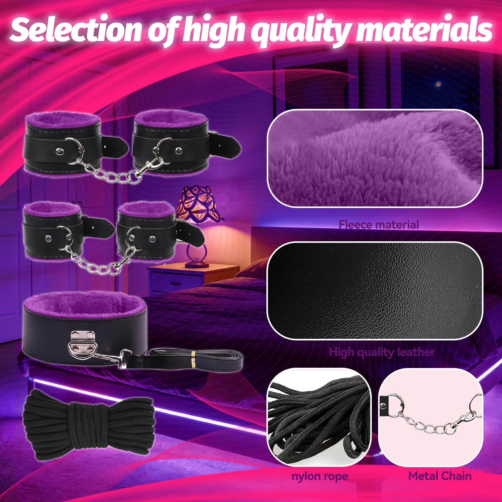 BDSM Bondage Kit Sex Toys 8 Pcs Sex Bondage Set for Beginners Ball Gag Bondage Rope BDSM Kit for Couples (Purple, 8PCS)