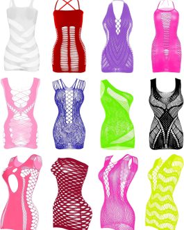 12 Pcs Women’s Fishnet Mesh Bodysuit Cover-up Dress Outfits, Sheer Lace Party Outfit, Beachwear