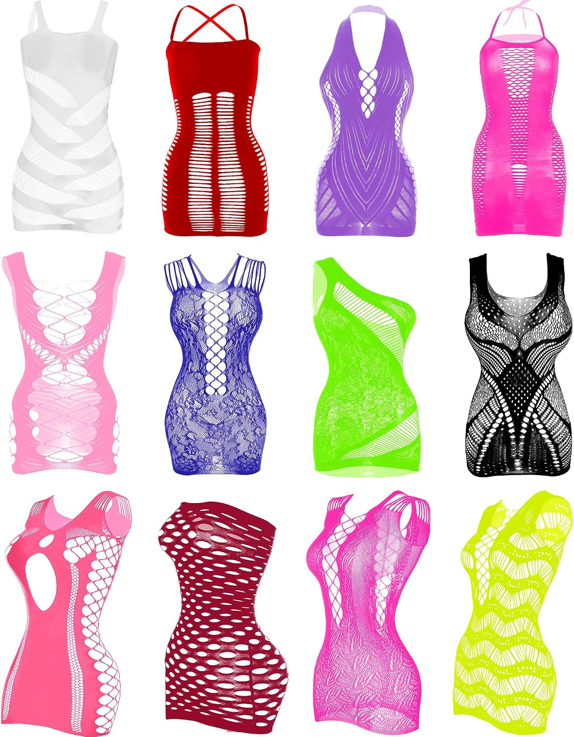 12 Pcs Women's Fishnet Mesh Bodysuit Cover-up Dress Outfits, Sheer Lace Party Outfit, Beachwear