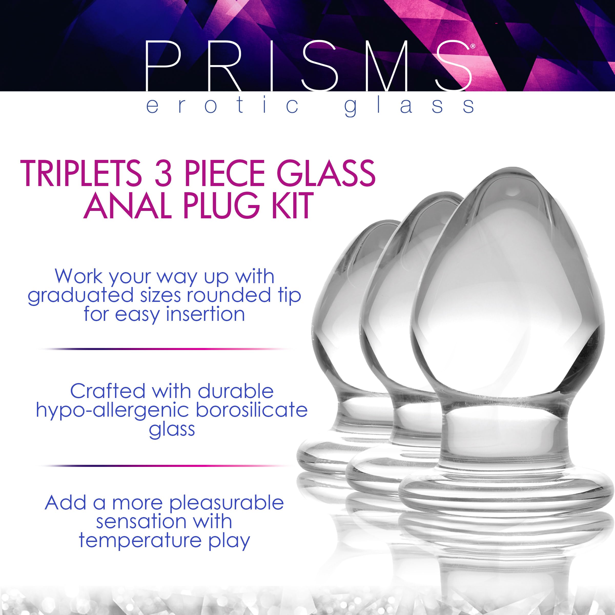 Triplets 3 Piece Clear Glass Anal Plug Training Kit