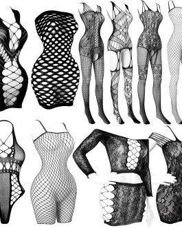 selizo Fishnet Lingerie Dress for Women, Black Fish Net Bodysuit Sexy Chemise Teddy Naughty Women’s Mesh Lace Body Stockings