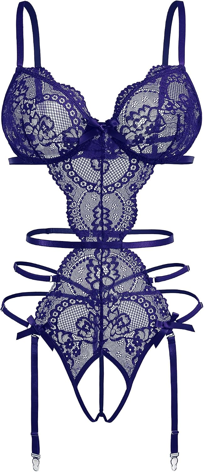 Avidlove Women's Deep V Teddy Lingerie Sexy Lace Bodysuit Cut Out Garter Lingerie Sets