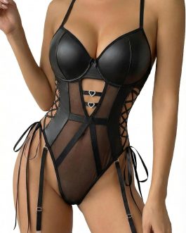 Avidlove Sexy Lingerie for Women Leather Teddy Lingerie Mesh Bodysuit Garter Belt Set S-XXL(No leg ring)