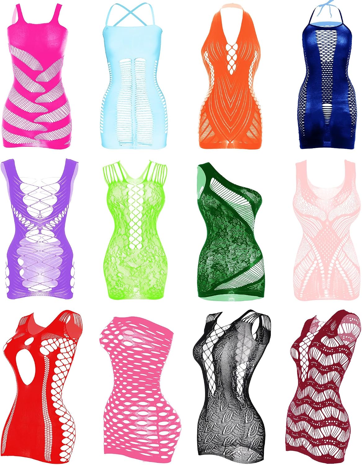 12 Pcs Women's Fishnet Mesh Bodysuit Cover-up Dress Outfits, Sheer Lace Party Outfit, Beachwear