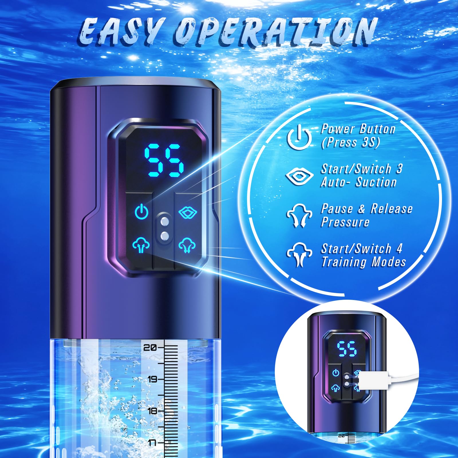 Electric Penis Pump, Adult Sex Toys Dick Enlarger for Men Erection, Air Water Extender with 4 Training Pressure and 3 Suction Modes, Automatic Male Masturbator with Penis Rings and Mini Pocket Pussy