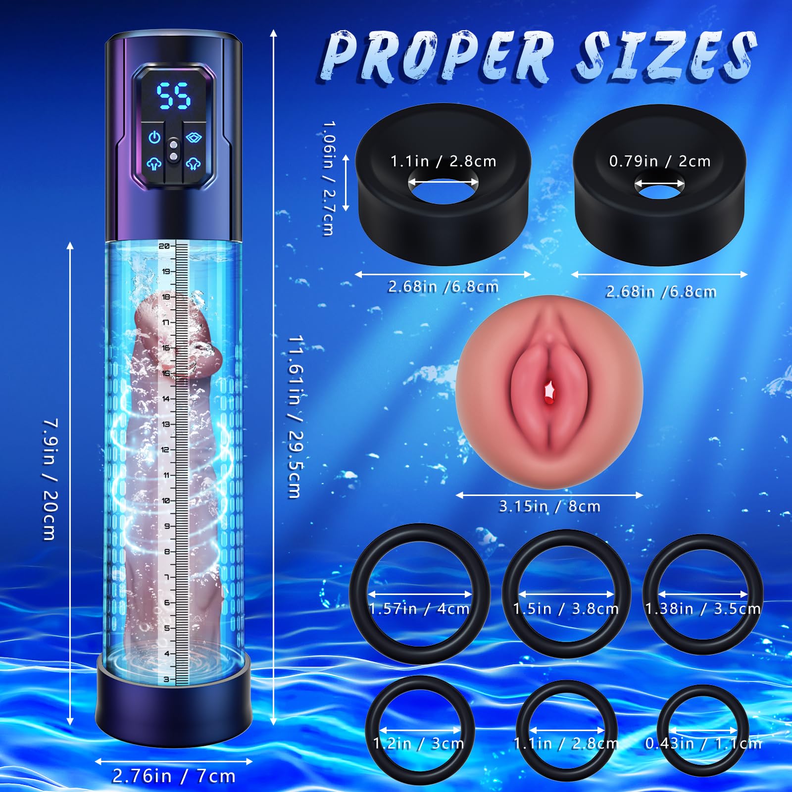 Electric Penis Pump, Adult Sex Toys Dick Enlarger for Men Erection, Air Water Extender with 4 Training Pressure and 3 Suction Modes, Automatic Male Masturbator with Penis Rings and Mini Pocket Pussy