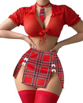 Avidlove Lingerie Set for Women Sexy Schoolgirl Outfits Costume Mesh Sheer Tie Top and Mini Skirt with Thong