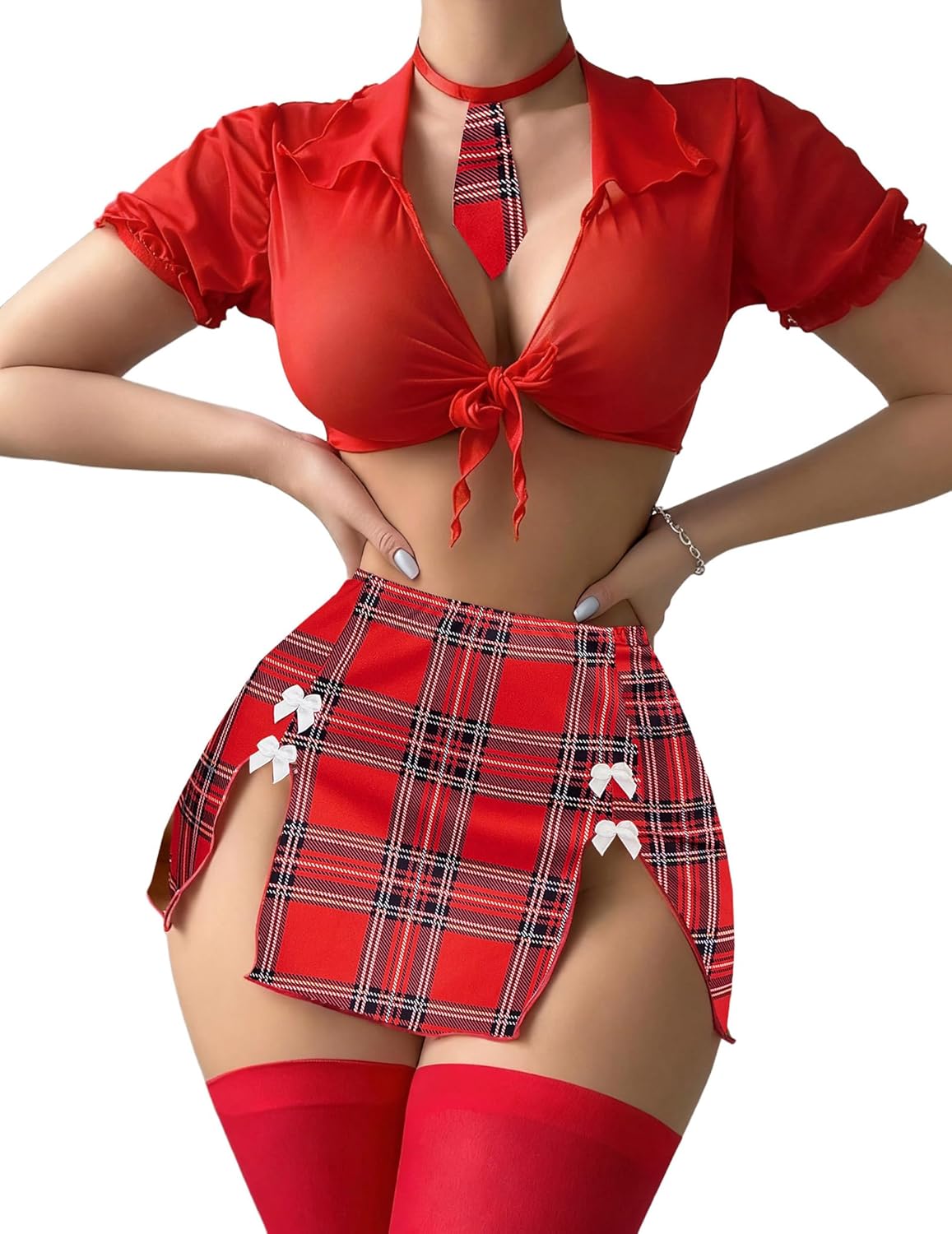 Avidlove Lingerie Set for Women Sexy Schoolgirl Outfits Costume Mesh Sheer Tie Top and Mini Skirt with Thong