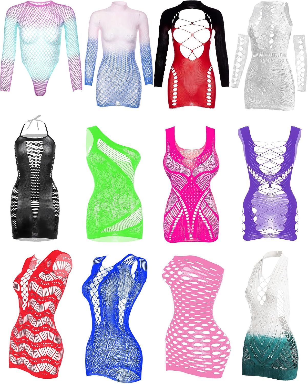 12 Pcs Women's Fishnet Mesh Bodysuit Cover-up Dress Outfits, Sheer Lace Party Outfit, Beachwear