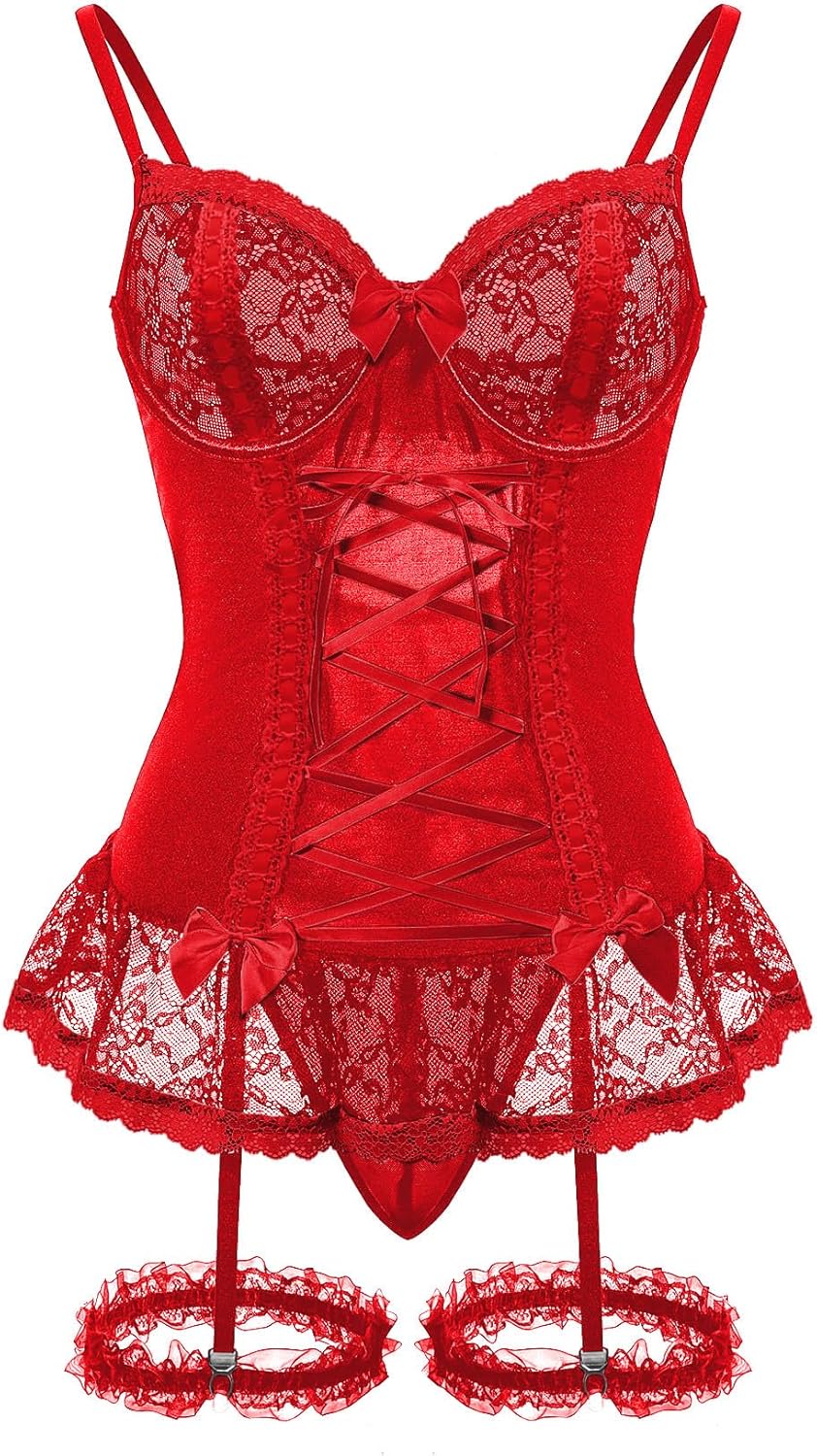 Sexy Mesh Corset Ruffle Lace Up Underwire Sheer Garter Belt Babydoll Lingerie Set With Thong 3 Piece Women