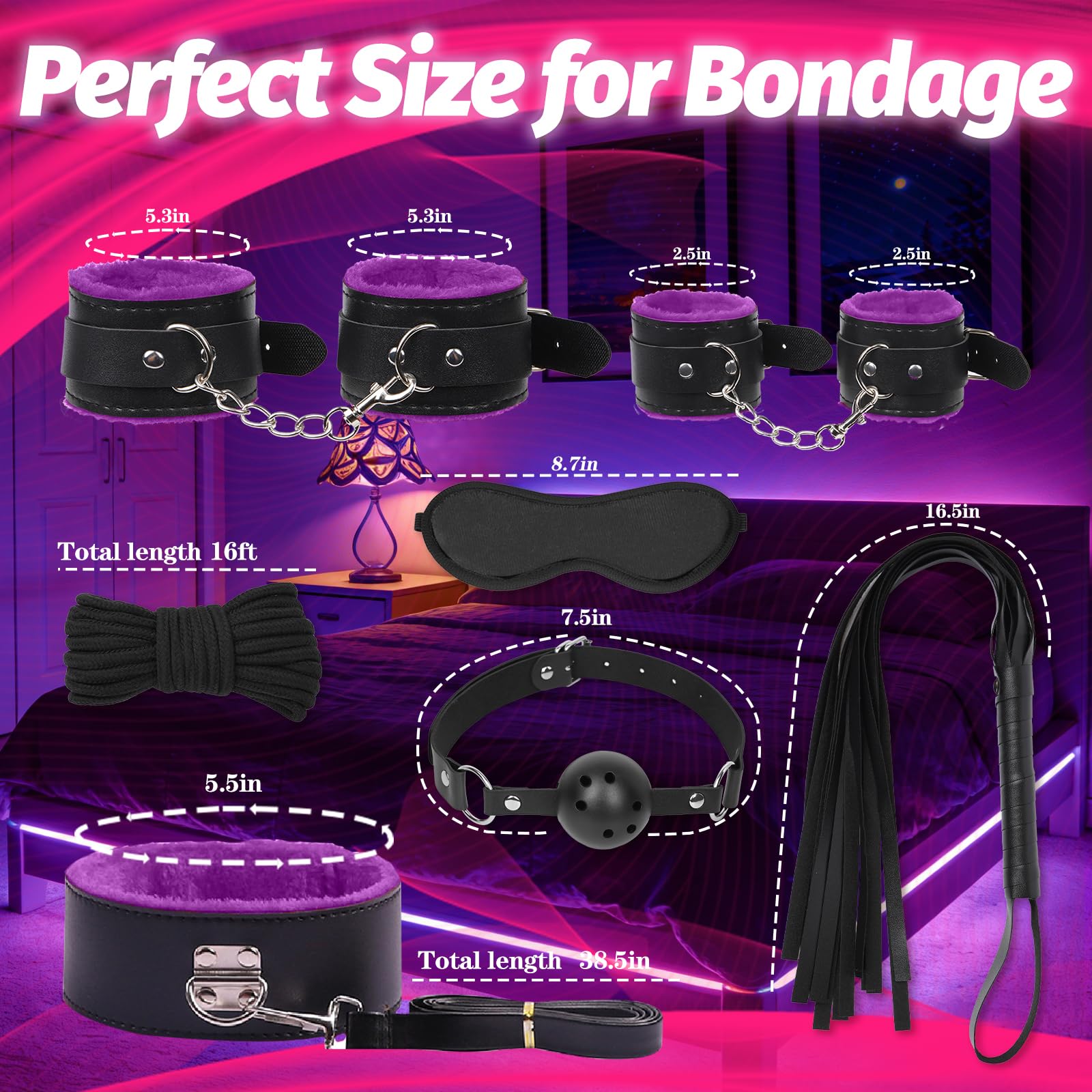 BDSM Bondage Kit Sex Toys 8 Pcs Sex Bondage Set for Beginners Ball Gag Bondage Rope BDSM Kit for Couples (Purple, 8PCS)