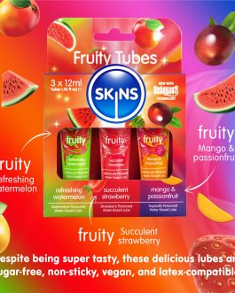 SKINS Flavored Lube Set – 3 Flavored Water Based Lubes – Fruity Edible Lubricant & Licks – Watermelon, Strawberry and Mango & Passionfruit Flavored Lube for Oral Pleasure & Intercourse