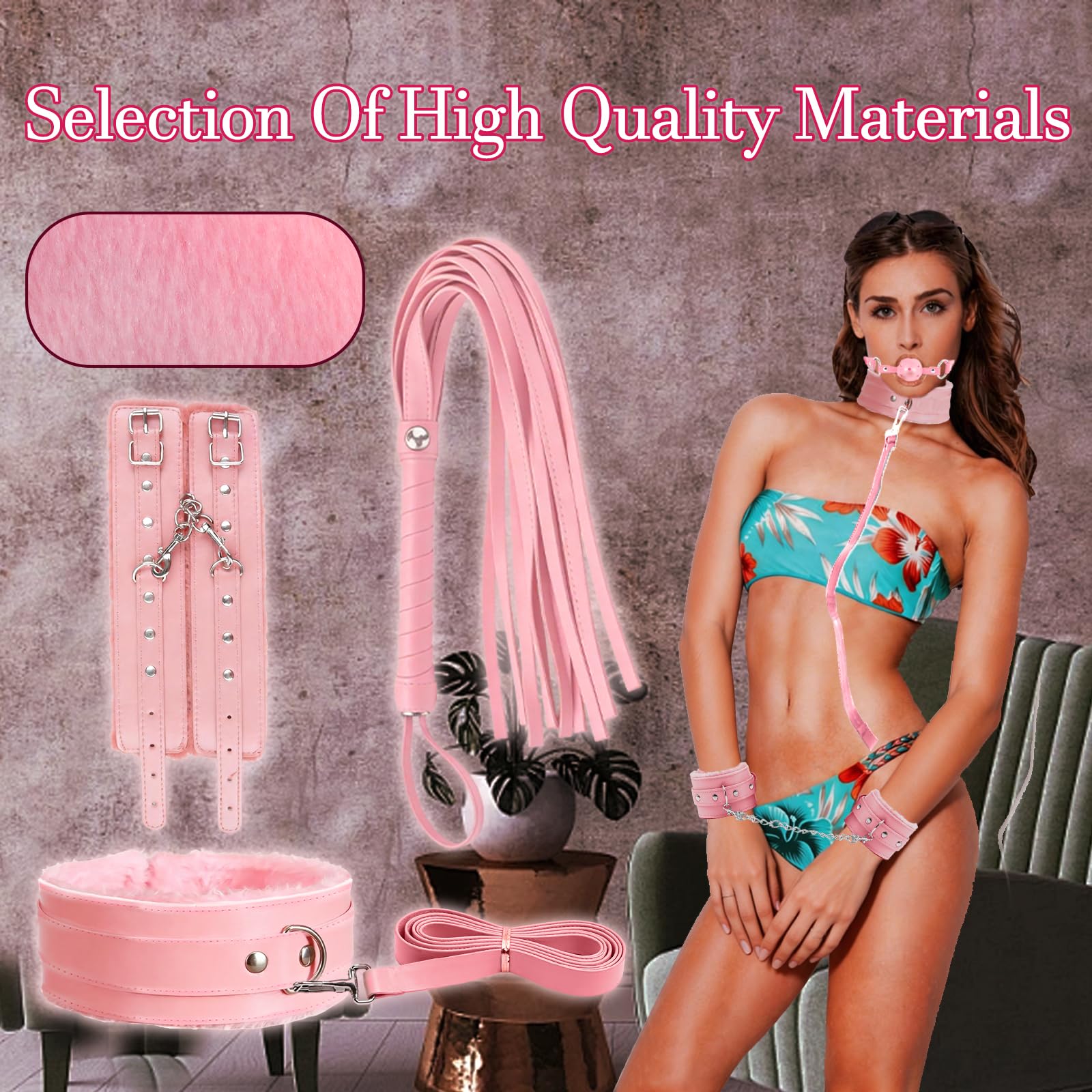 BDSM Bondage Kit Sex Toys 10 Pcs Sex Bondage Set for Beginners Ball Gag Bondage Rope BDSM Kit for Couples (Pink)