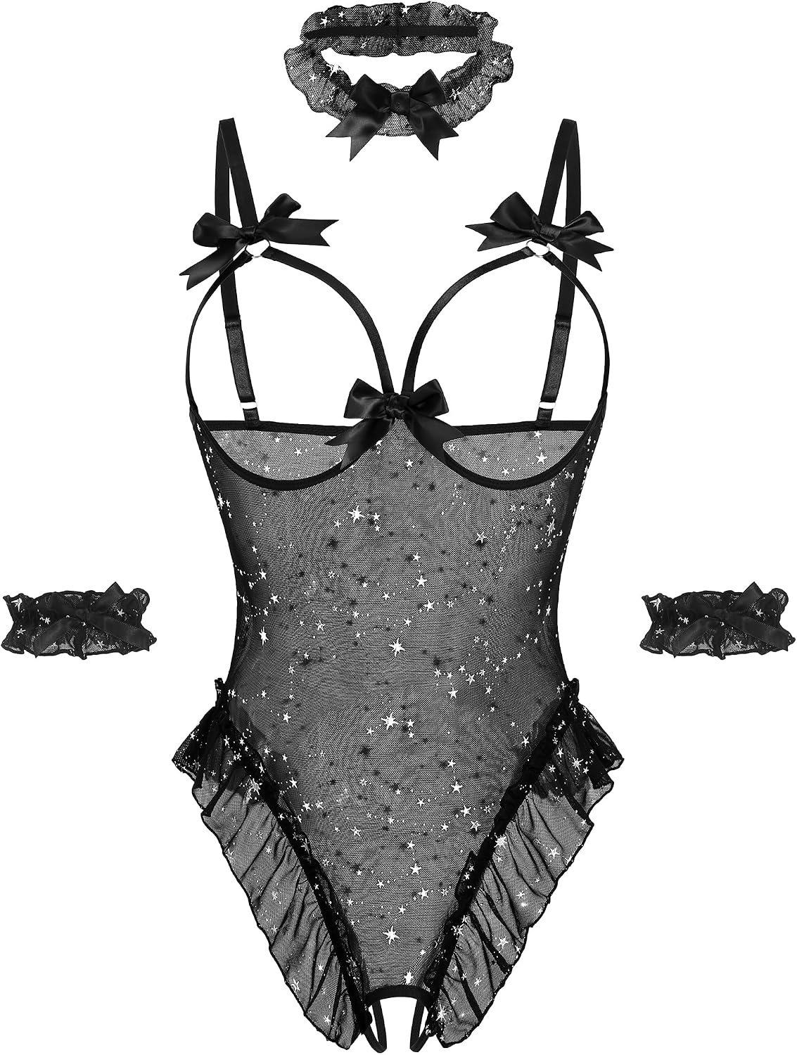 Avidlove Womens Lingerie Bodysuit 4 Piece Set Sheer Mesh Teddy Babydoll with Detachable Collar and Wrist Cuffs