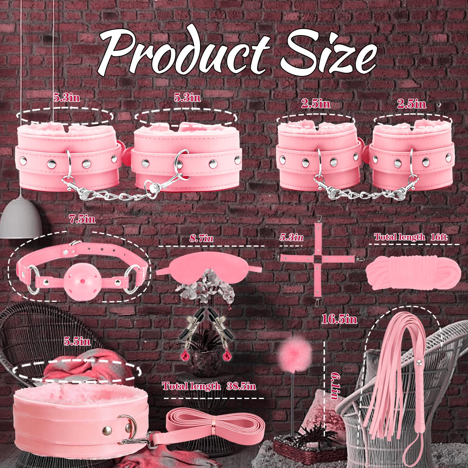 BDSM Bondage Kit Sex Toys 10 Pcs Sex Bondage Set for Beginners Ball Gag Bondage Rope BDSM Kit for Couples (Pink)