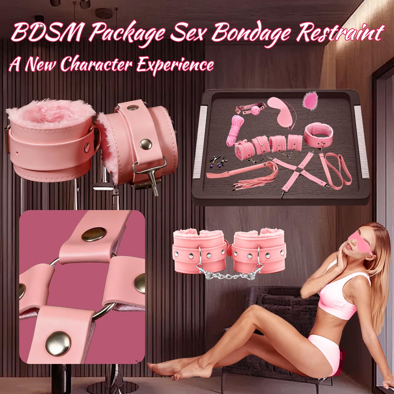 BDSM Bondage Kit Sex Toys 10 Pcs Sex Bondage Set for Beginners Ball Gag Bondage Rope BDSM Kit for Couples (Pink)