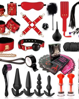 BDSM Adult Toys Bondage Restraints，Couples Sex Toys with Anal Toys and Adjustable Handcuffs Collar Ankle Cuff Blindfold Feather Tickler