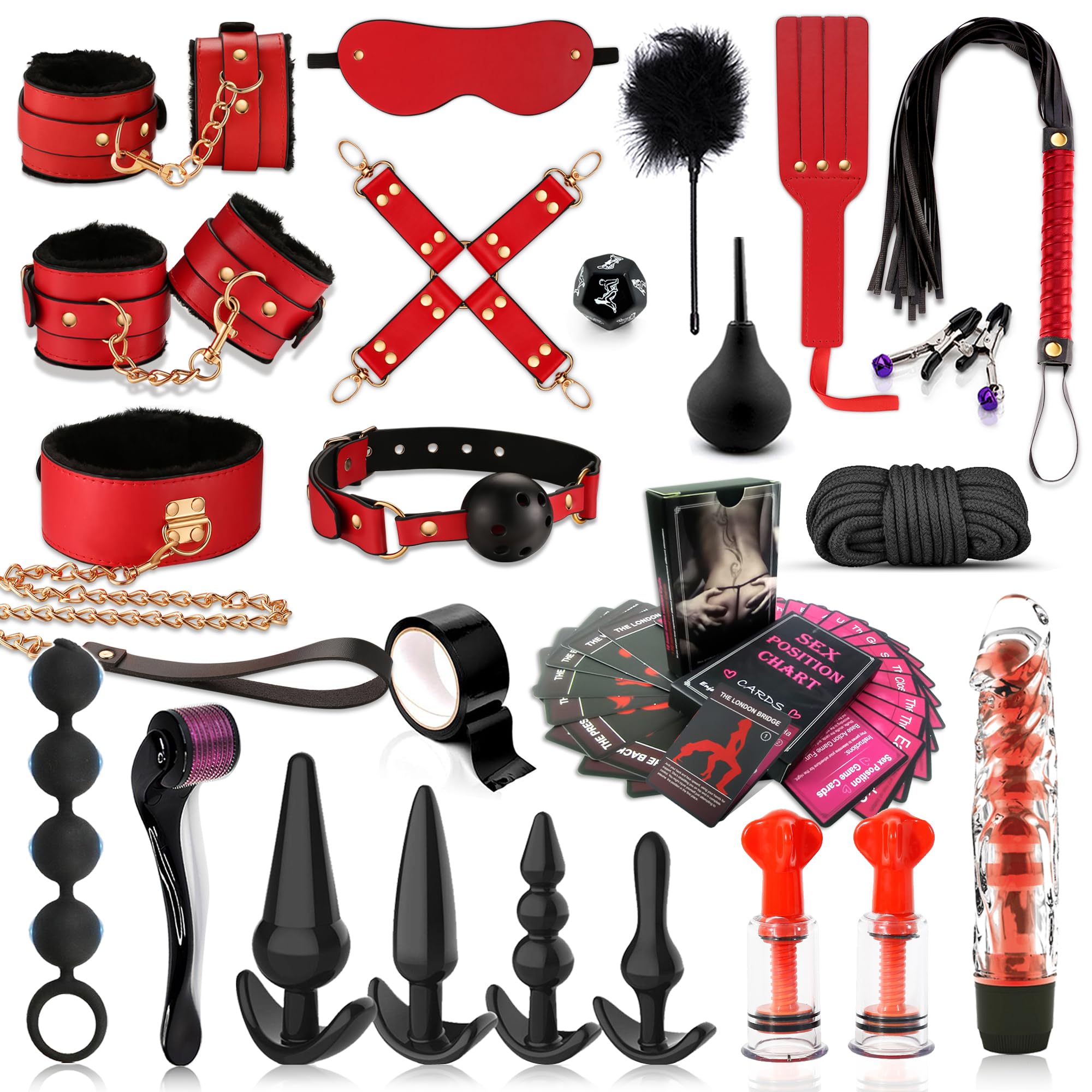 BDSM Adult Toys Bondage Restraints，Couples Sex Toys with Anal Toys and Adjustable Handcuffs Collar Ankle Cuff Blindfold Feather Tickler