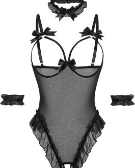 Avidlove Womens Lingerie Bodysuit 4 Piece Set Sheer Mesh Teddy Babydoll with Detachable Collar and Wrist Cuffs