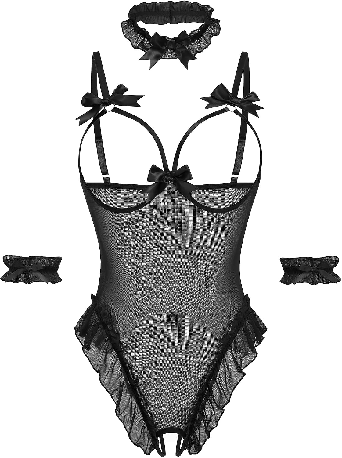 Avidlove Womens Lingerie Bodysuit 4 Piece Set Sheer Mesh Teddy Babydoll with Detachable Collar and Wrist Cuffs