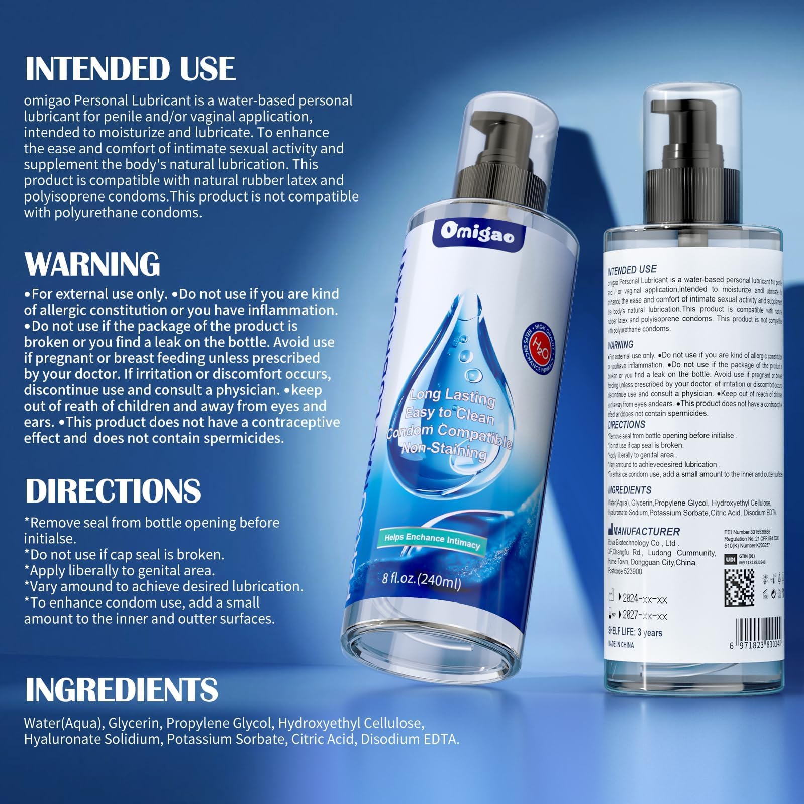 omigao Water-Based Lube, Personal Lubricant Helps Enhance Intimacy for Long-Lasting Pleasure Sex Lube for Women, Men and Couples, Anal Lube, Non-Staining, Safe for Toys, 8 FL Oz