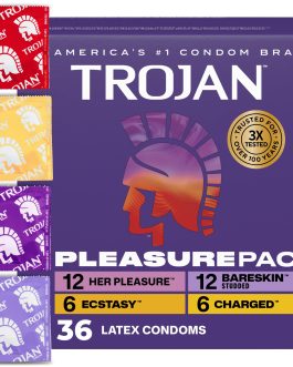Trojan Pleasure Pack, Assorted Latex Lubricated Condoms for Men, Her Pleasure, Bareskin Studded, Ecstasy & Charged Varieties, Condom Variety Pack 36 Count