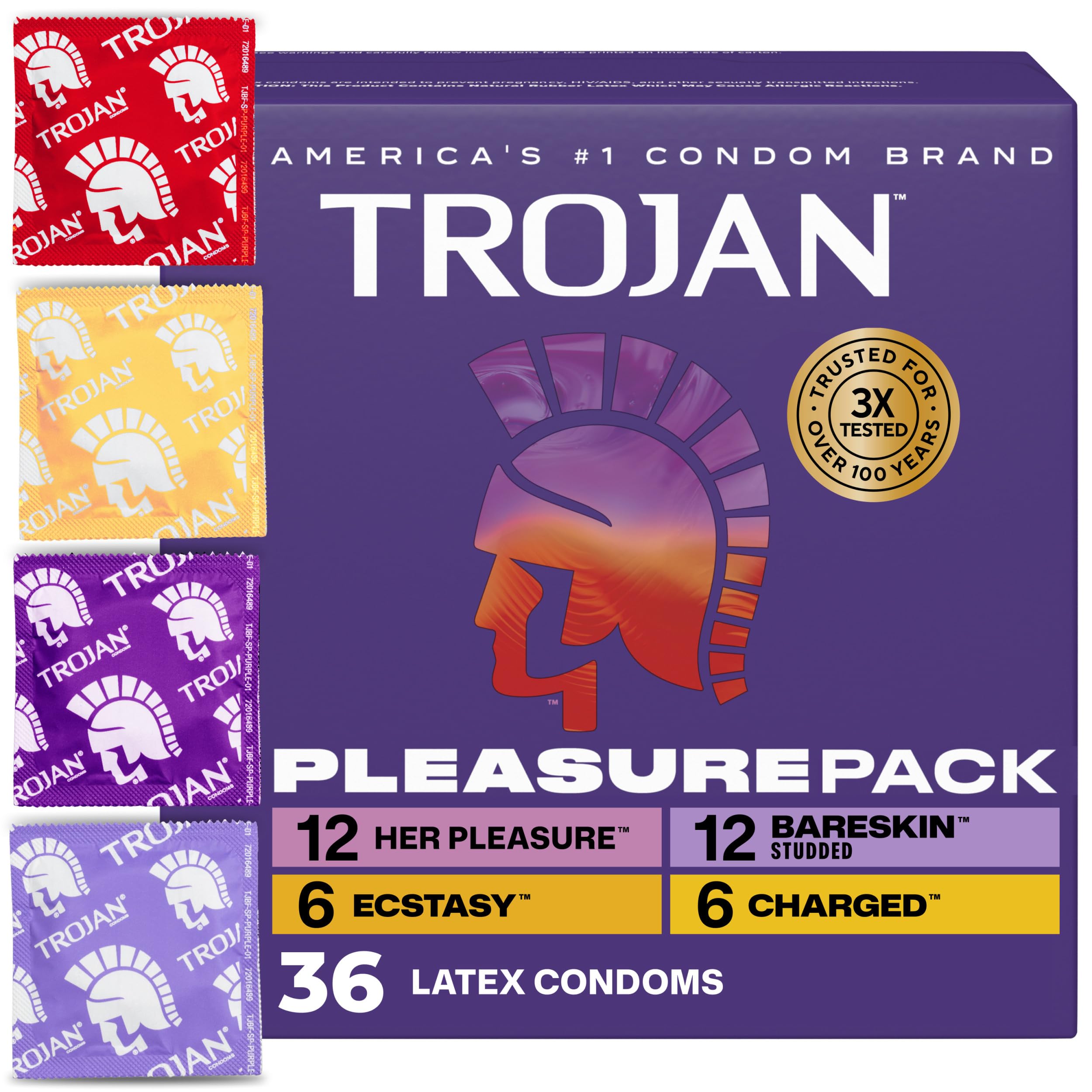 Trojan Pleasure Pack, Assorted Latex Lubricated Condoms for Men, Her Pleasure, Bareskin Studded, Ecstasy & Charged Varieties, Condom Variety Pack 36 Count