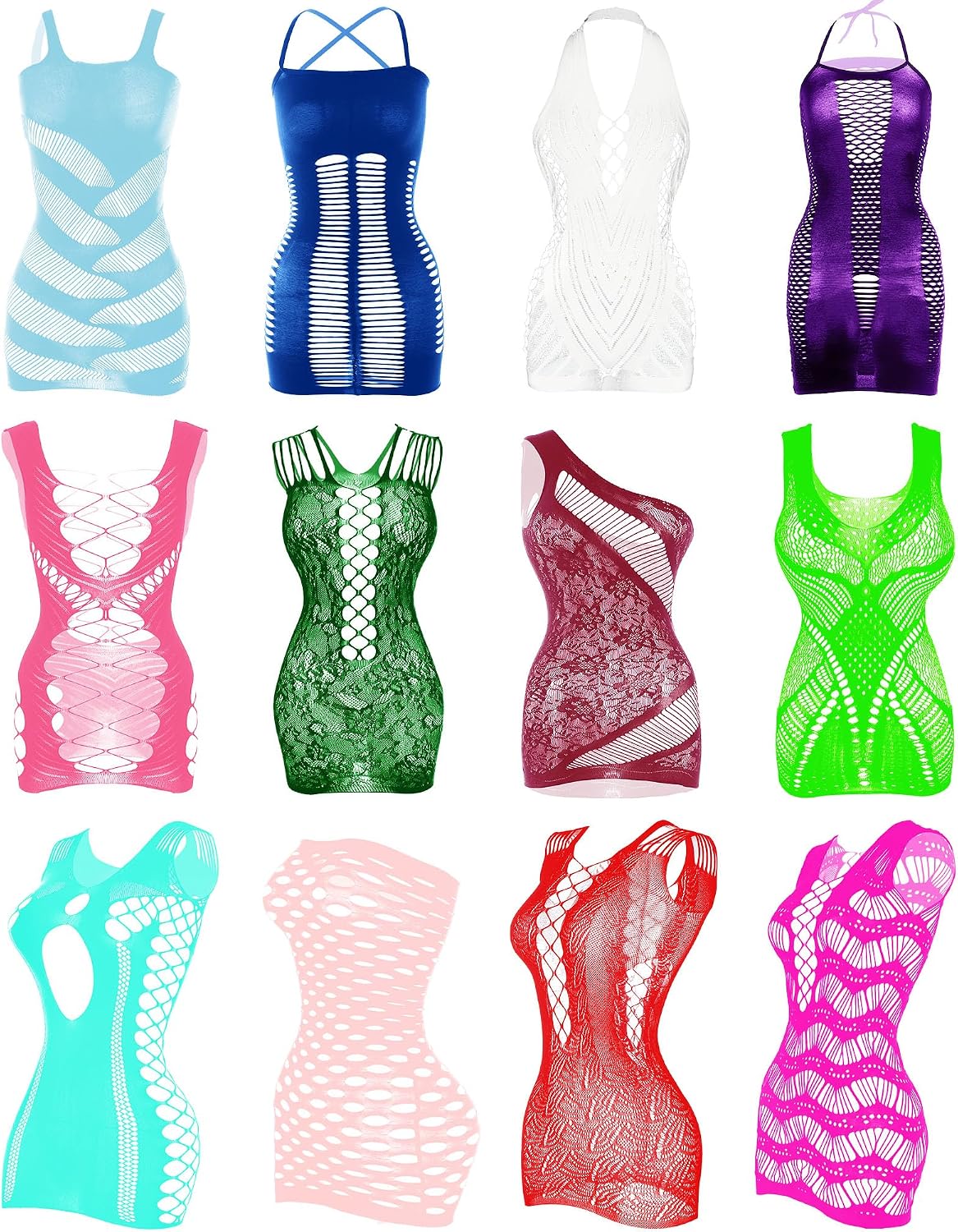 12 Pcs Women's Fishnet Mesh Bodysuit Cover-up Dress Outfits, Sheer Lace Party Outfit, Beachwear