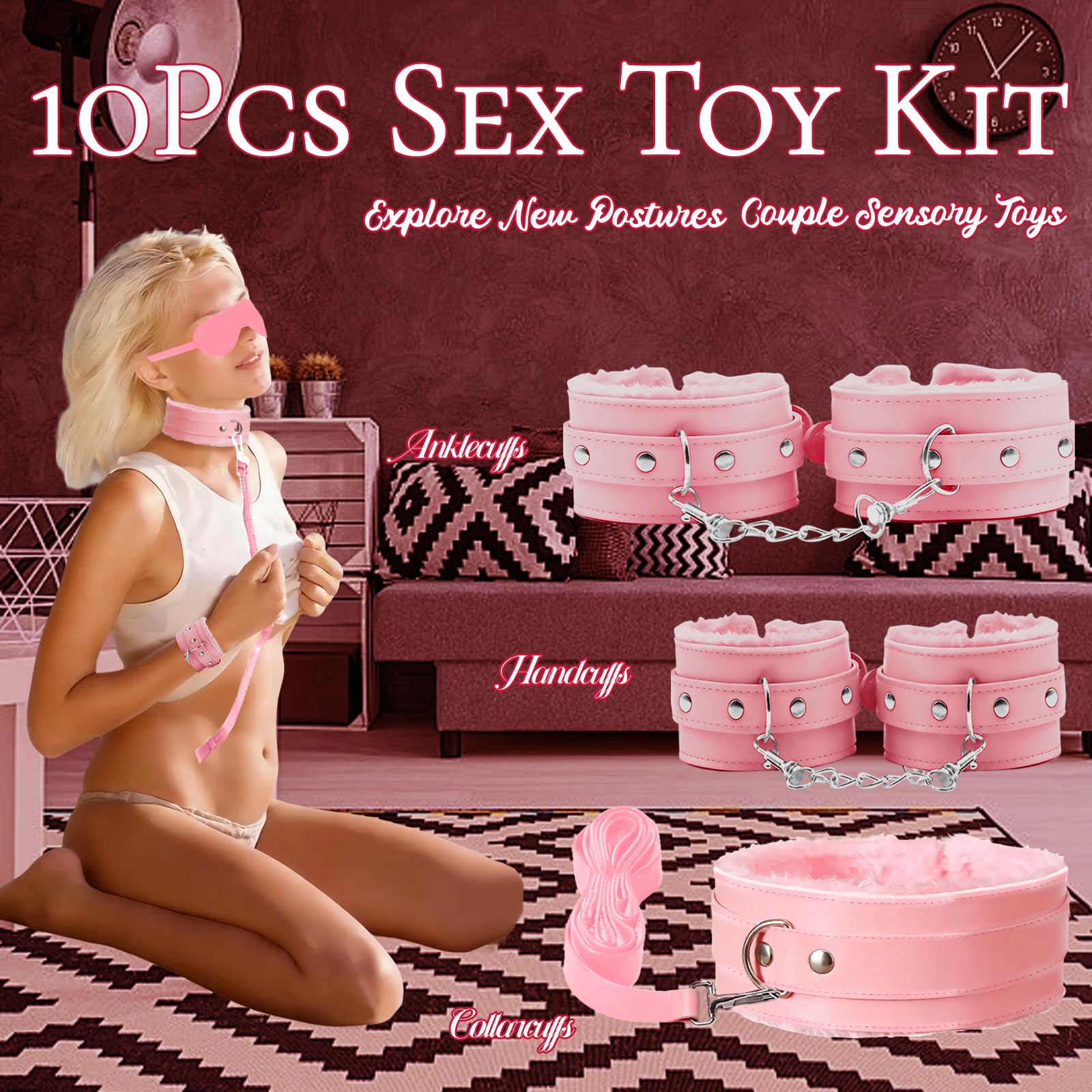 BDSM Bondage Kit Sex Toys 10 Pcs Sex Bondage Set for Beginners Ball Gag Bondage Rope BDSM Kit for Couples (Pink)