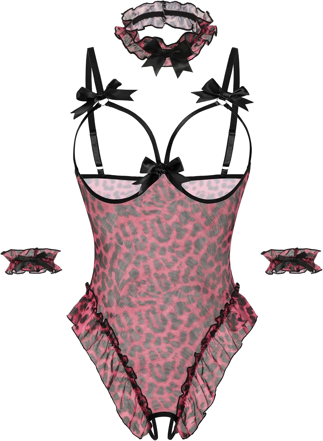 Avidlove Womens Lingerie Bodysuit 4 Piece Set Sheer Mesh Teddy Babydoll with Detachable Collar and Wrist Cuffs