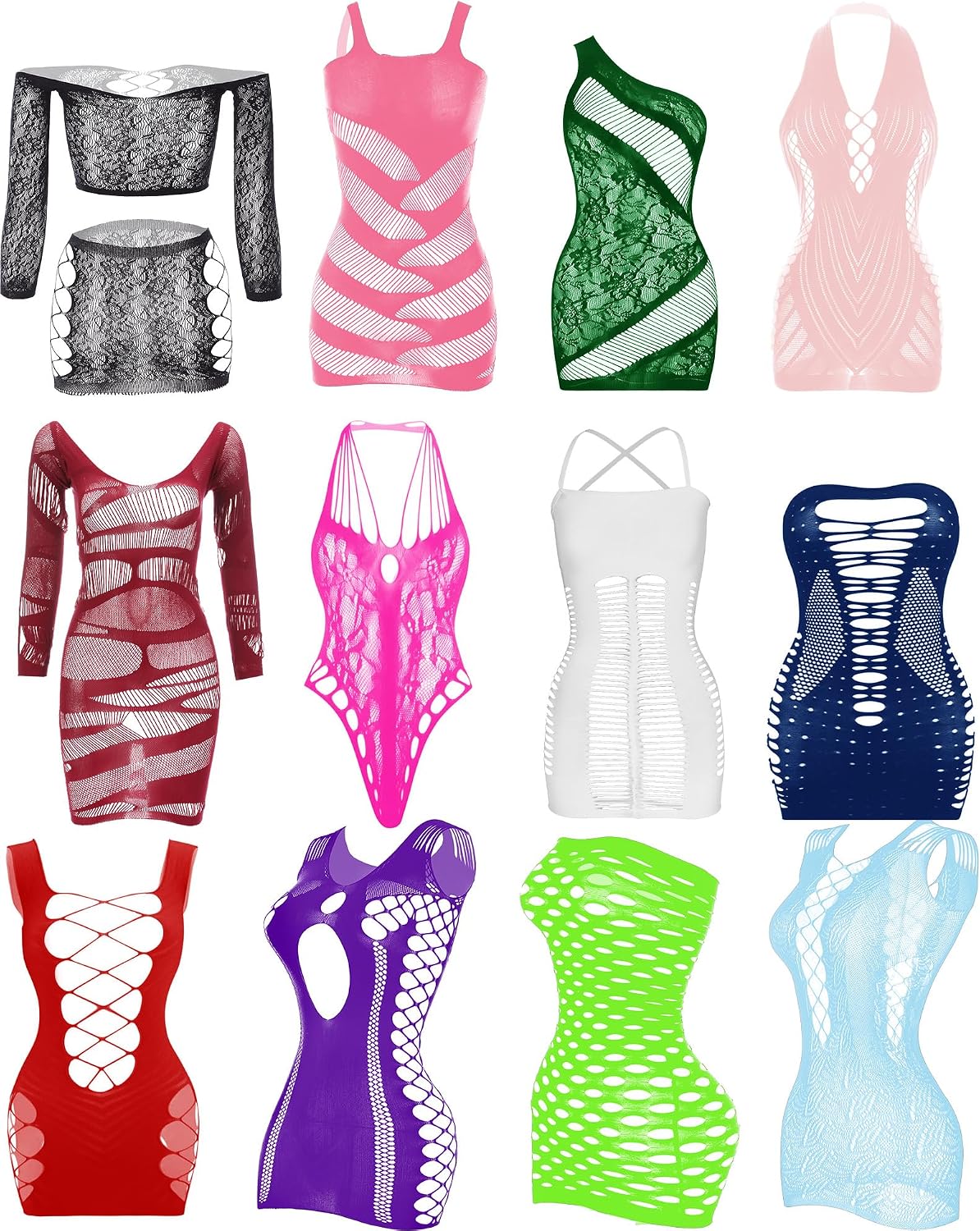 12 Pack Fishnet Lingerie Bodysuit Set for Women, Mesh Body Suit Lace Body Stockings Nightwear Outfit Cloth