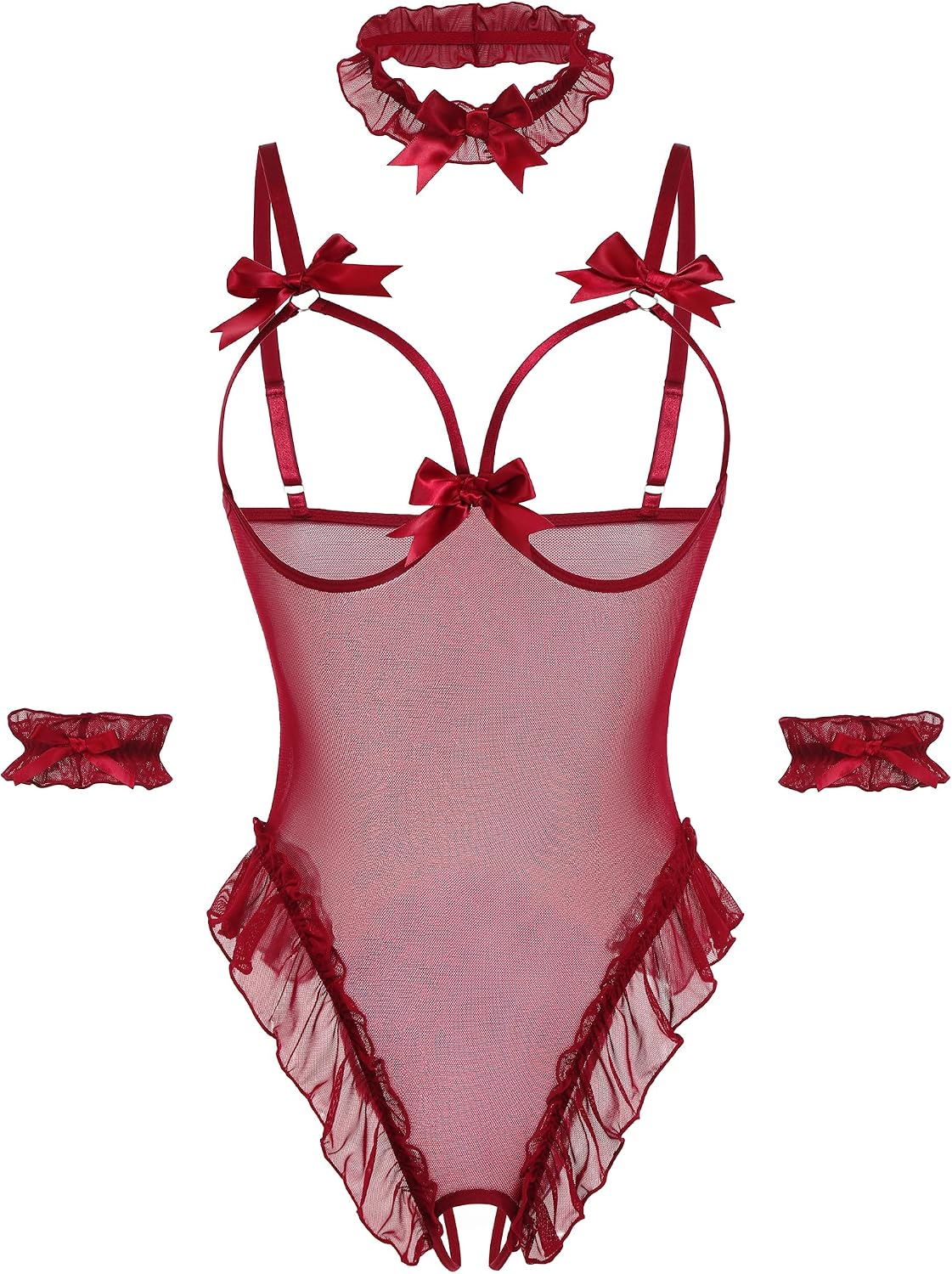 Avidlove Womens Lingerie Bodysuit 4 Piece Set Sheer Mesh Teddy Babydoll with Detachable Collar and Wrist Cuffs