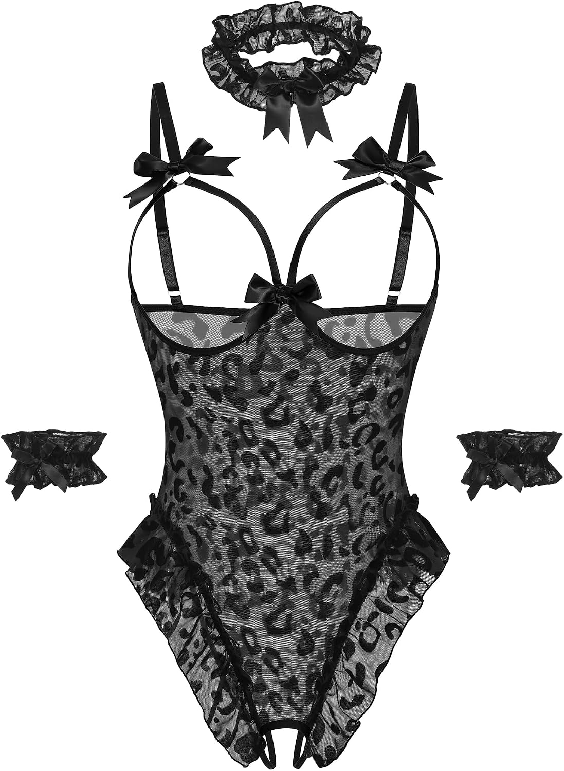 Avidlove Womens Lingerie Bodysuit 4 Piece Set Sheer Mesh Teddy Babydoll with Detachable Collar and Wrist Cuffs