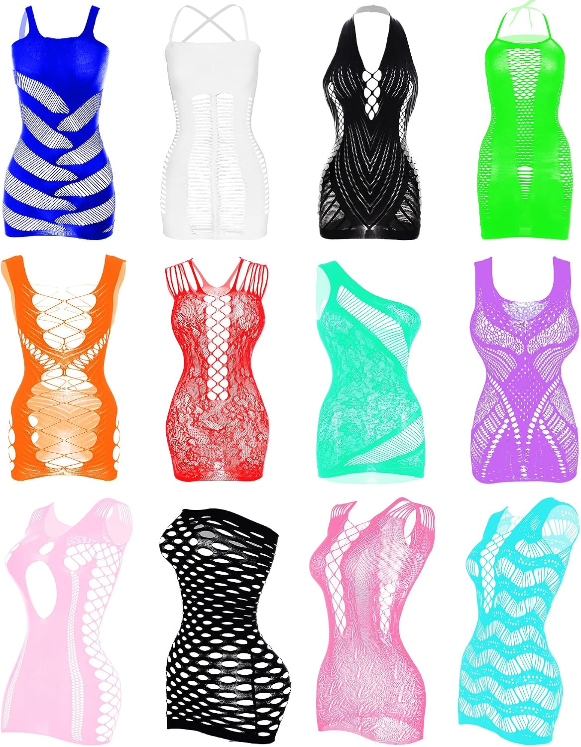 12 Pcs Women's Fishnet Mesh Bodysuit Cover-up Dress Outfits, Sheer Lace Party Outfit, Beachwear