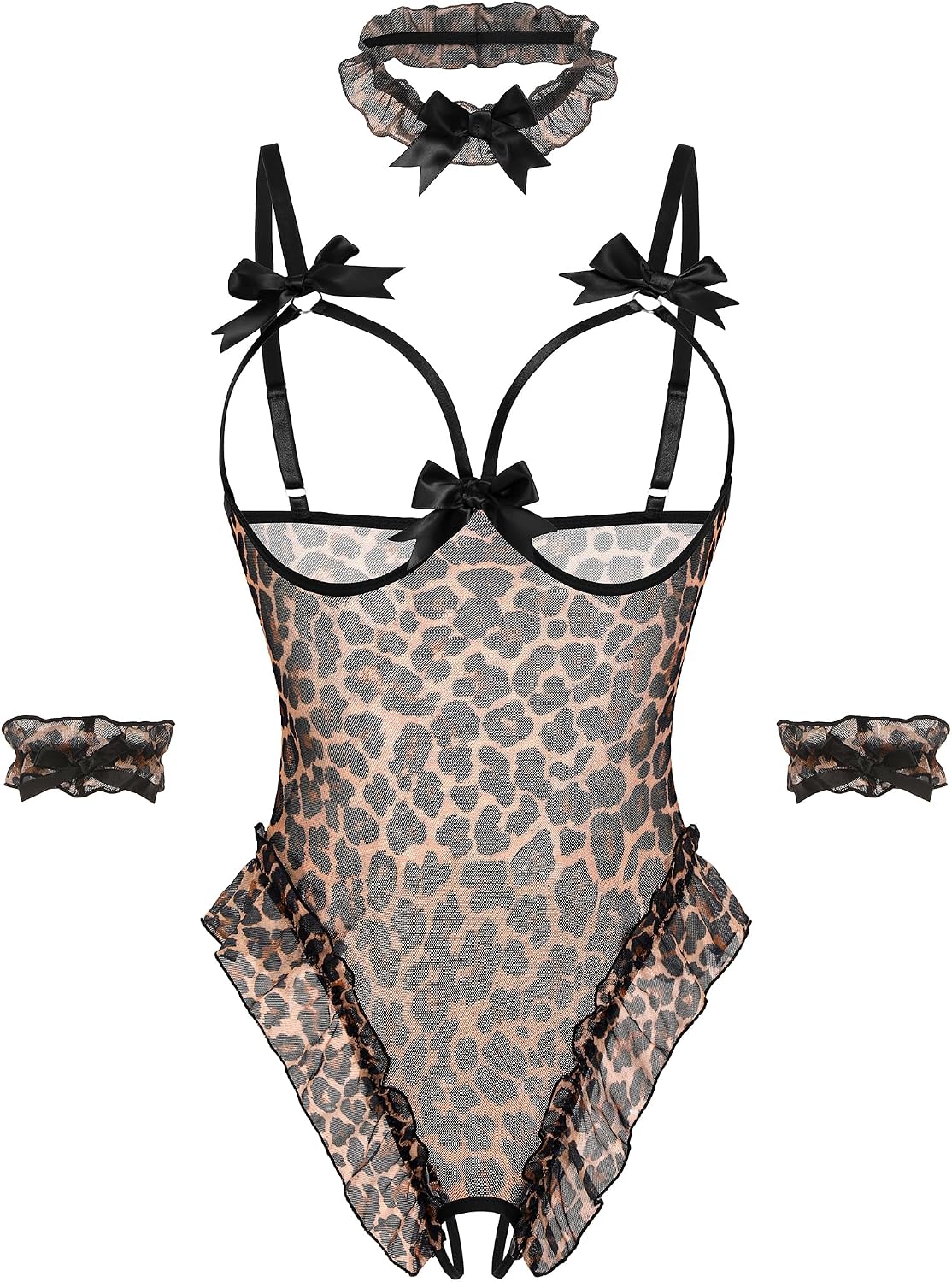 Avidlove Womens Lingerie Bodysuit 4 Piece Set Sheer Mesh Teddy Babydoll with Detachable Collar and Wrist Cuffs