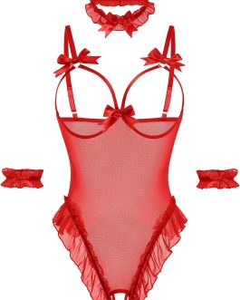 Avidlove Womens Lingerie Bodysuit 4 Piece Set Sheer Mesh Teddy Babydoll with Detachable Collar and Wrist Cuffs