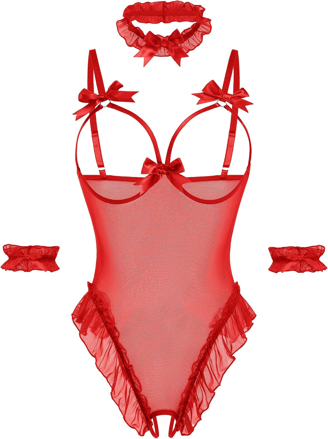 Avidlove Womens Lingerie Bodysuit 4 Piece Set Sheer Mesh Teddy Babydoll with Detachable Collar and Wrist Cuffs