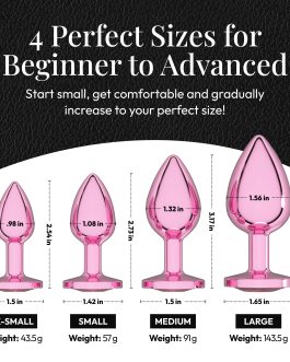 Session Jewel Butt Plug Beginner 4 Piece Set – X-Small, Small, Medium, Large – Wide Base Prevents Slippage – Metal Anal Sex Adult Toy for Men & Women – Pink & Pink – Circle Shaped Charm