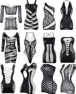 12 Pack Fishnet Lingerie Bodysuit Set for Women, Mesh Body Suit Lace Body Stockings Nightwear Outfit Cloth