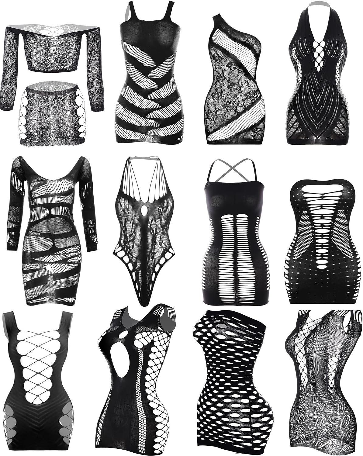 12 Pack Fishnet Lingerie Bodysuit Set for Women, Mesh Body Suit Lace Body Stockings Nightwear Outfit Cloth
