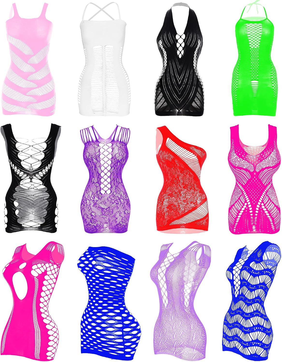 12 Pcs Women's Fishnet Mesh Bodysuit Cover-up Dress Outfits, Sheer Lace Party Outfit, Beachwear